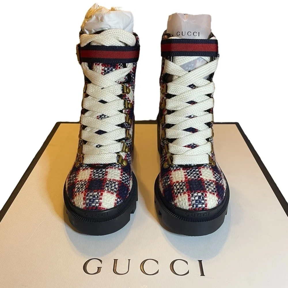NIB Gucci Trip 40 Bootie in Plaid Tweed Sz. 34.5 (4.5)